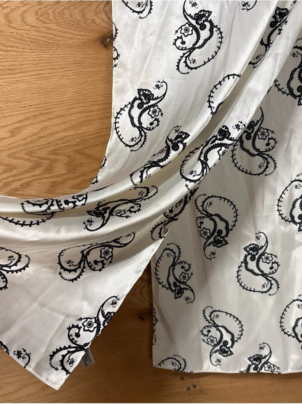 Vintage White Satin Scarf with Black Paisley Print